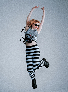 Lapaki Paka 经典条纹针织裤 亮闪闪花体刺绣弹力直筒阔腿休闲裤