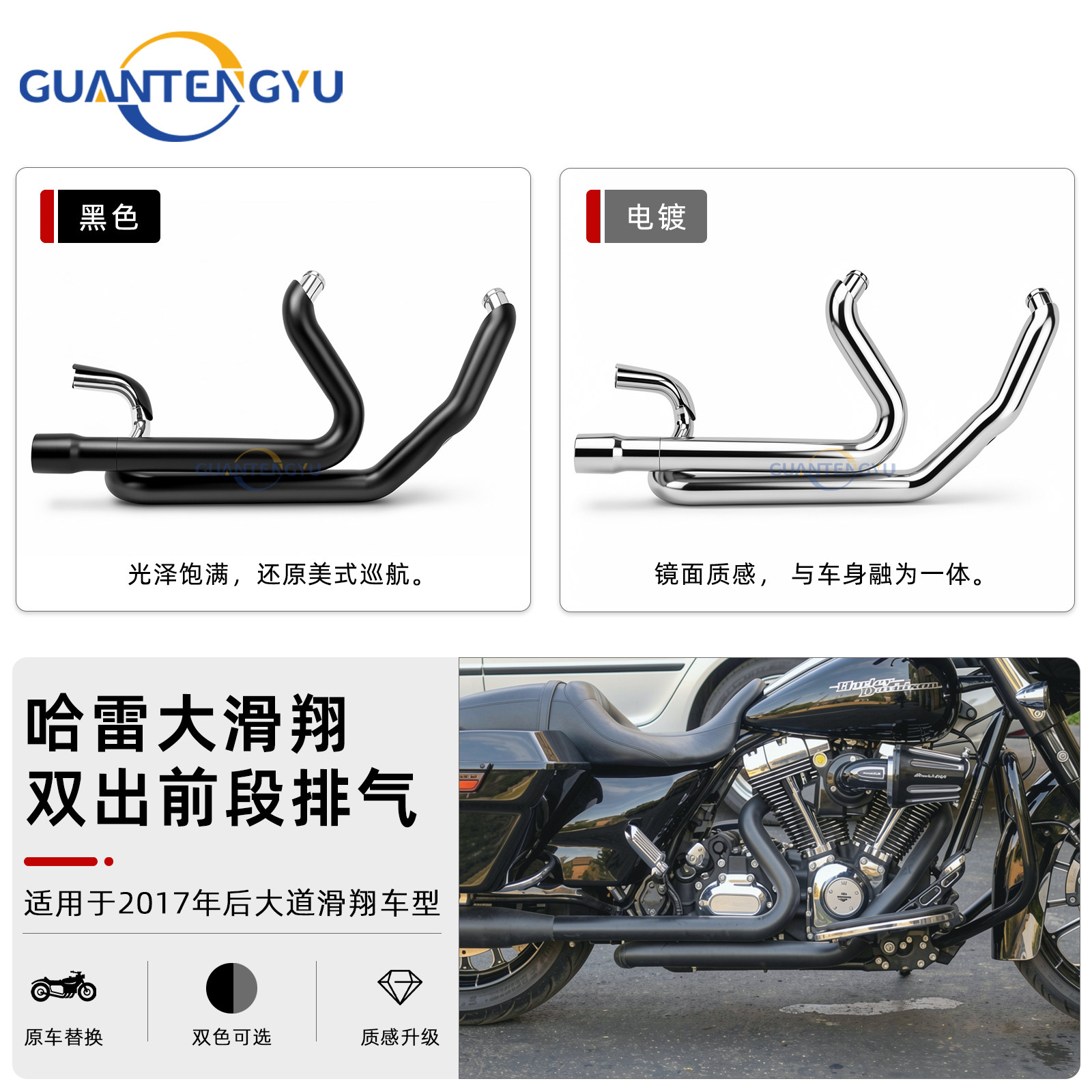 哈雷大滑翔前段排气双出排气管