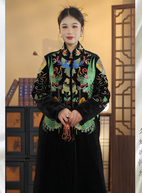 【姜歌】冬季中式国风真丝丝绒女时尚气质高贵刺绣长款棉服24813
