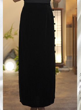 新中式真丝丝绒半身裙女士修身显瘦遮肚直筒包臀裙国风 24208H