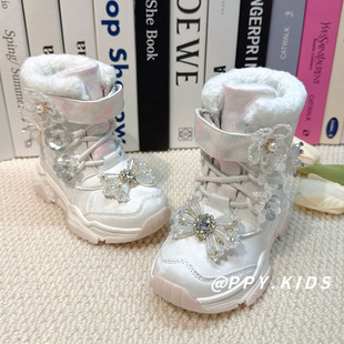 儿童雪地靴女孩中大童外穿防水防滑女童东北大棉鞋加绒加厚保暖女