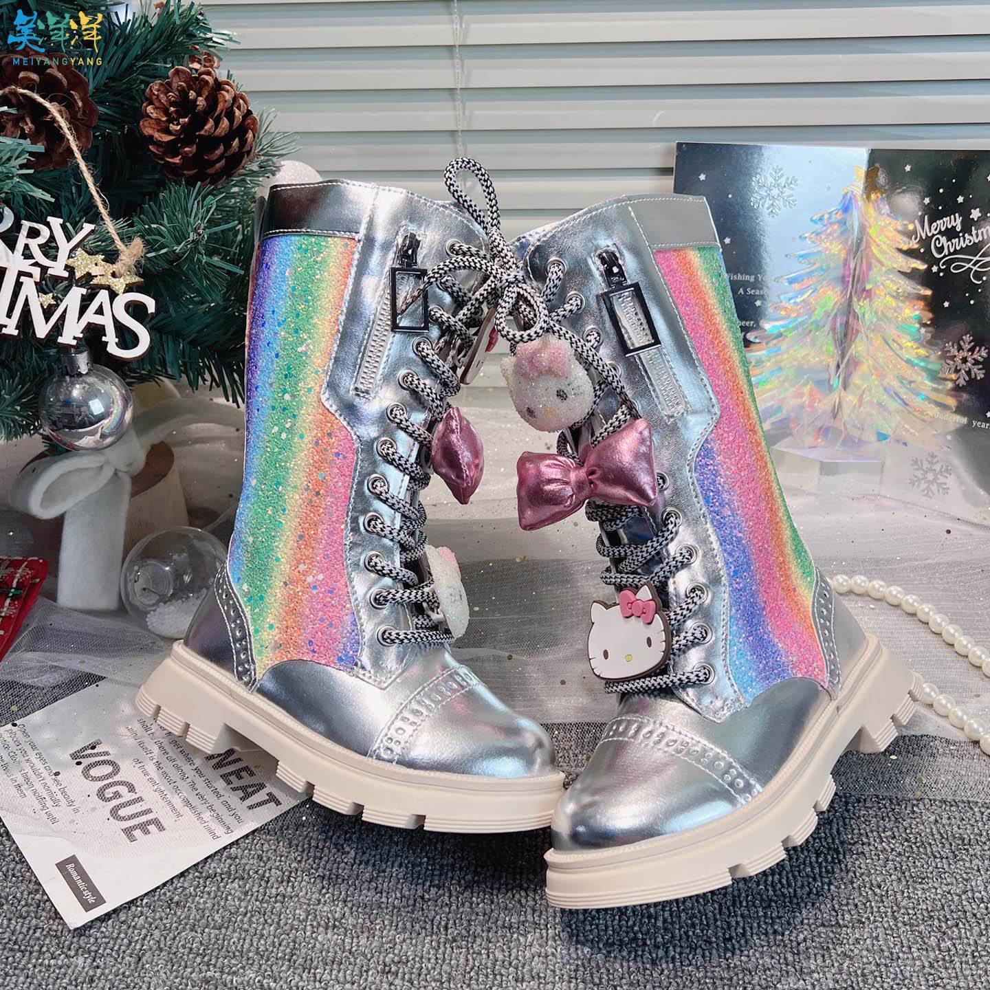 女童银色长筒靴2026新款春季长靴儿童春款高筒靴女孩软底马丁靴女