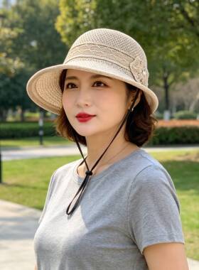 中老年妈妈夏季防晒帽子新款时尚遮阳太阳帽女士草帽老人奶奶凉帽