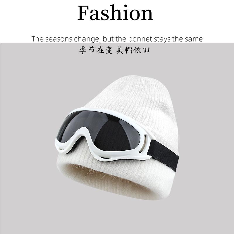 滑雪眼镜帽女冬季2025新款兔毛针织帽保暖护耳飞行员白色毛线帽男