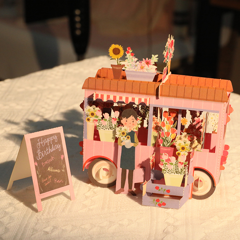 生日贺卡立体3d手工折叠精美高端花车浪漫创意精致纸雕多彩送恋人礼物贺卡