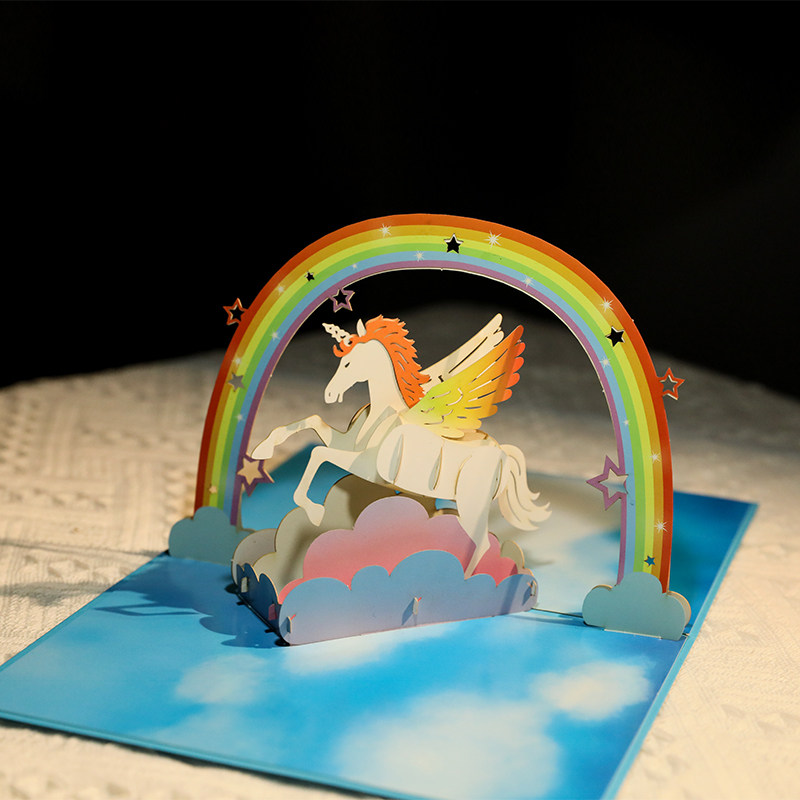 六一儿童节送小朋友幼儿园ins生日礼物贺卡创意3d立体手工纸雕独角兽送孩子小卡片商务定制