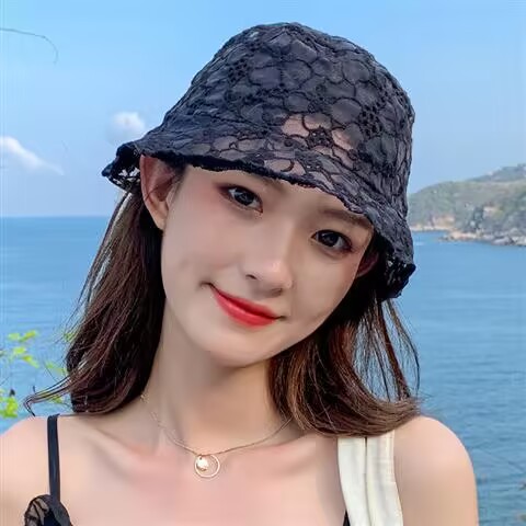 韩国ins帽子女夏季时尚蕾丝花朵渔夫帽韩版防晒遮阳帽遮脸盆帽潮