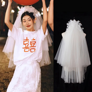 头纱领证新娘主婚纱求婚登记花朵蓬蓬纱拍照道具港风结婚喜嫁头饰