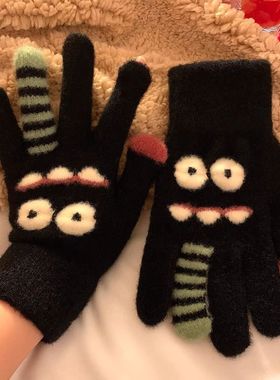 可爱蓝色毛绒针织五指手套女冬季保暖2025新款加厚防寒学生骑行车