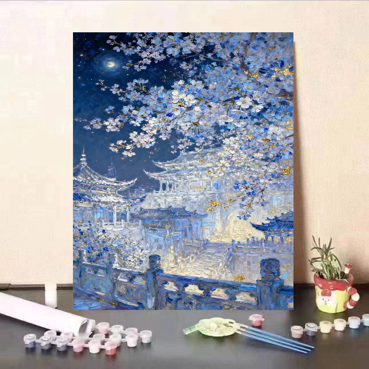 DIY数字油画古建筑樱花夜景手绘油画新手填充画装饰画自己画填色