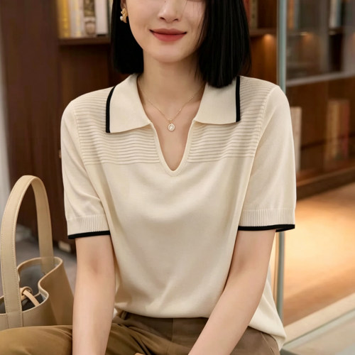 莱赛尔天丝法式休闲POLO短袖针织衫2026夏季新款杏色大码T恤上衣