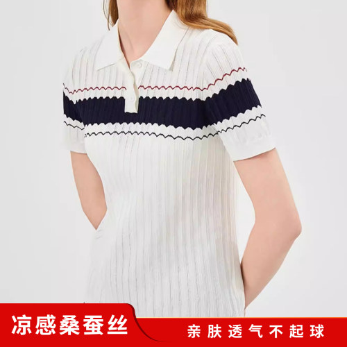 桑蚕丝凉感Polo领设计感大码白色针织夏季新款百搭显瘦短袖T恤女