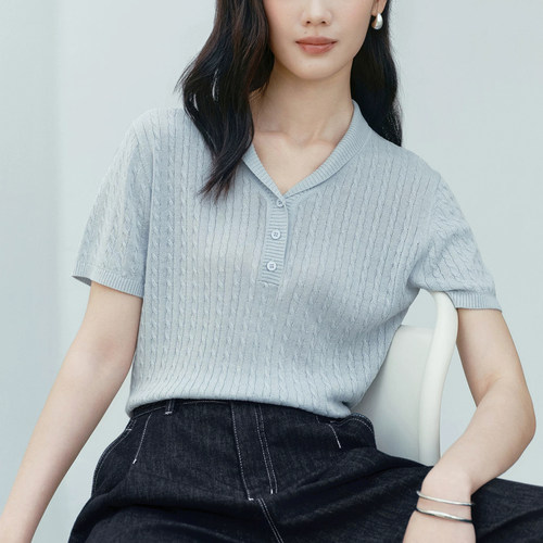 亚麻干爽休闲韩版V领大码蓝色短袖针织衫2026夏季新款气质T恤上衣