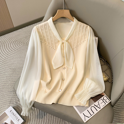 蝴蝶结长袖拼接大码针织衫薄款2025秋款v领宽松显瘦精致上衣