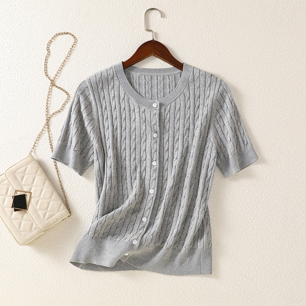 桑蚕丝凉感亲肤麻花纹理短袖开衫大码纽扣针织衫气质百搭上衣