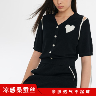 桑蚕丝凉感洋气V领大码短袖针织开衫2026夏季新款爱心黑色T恤上衣