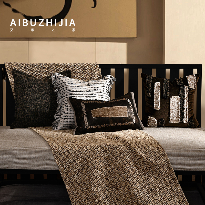 北欧现代新中式轻奢沙发样板间咖色明压贴布刺绣定制抱枕床头靠垫