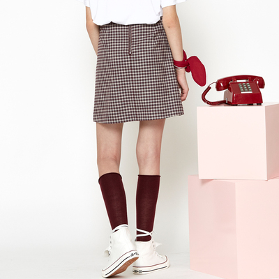 小格纹a字裙女式半身包臀裙