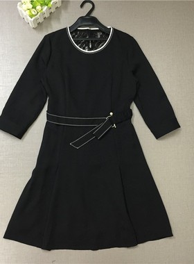 依恋旗下R家正品清仓RCOW82305L中长款圆领纯色连衣裙系带收腰裙