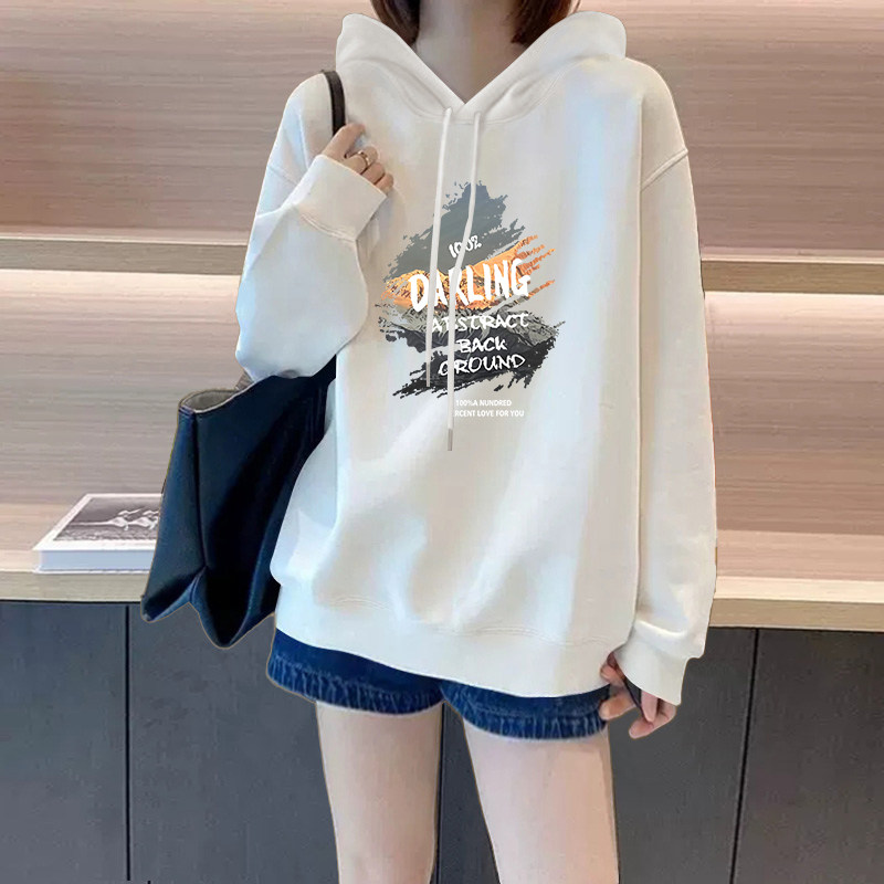 美式白色连帽卫衣外套女春秋新款加绒加厚宽松慵懒风百搭上衣