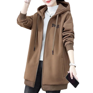 时尚连帽加绒卫衣女中长款2024秋冬新款妈妈装宽松拉链外套上衣潮
