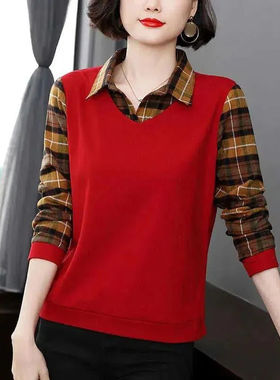 中年妈妈春装洋气假两件上衣2024新款格子拼接宽松长袖POLO衫T恤