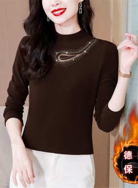 半高领双面德绒打底衫女士秋冬新款时尚烫钻镂空长袖t恤保暖上衣