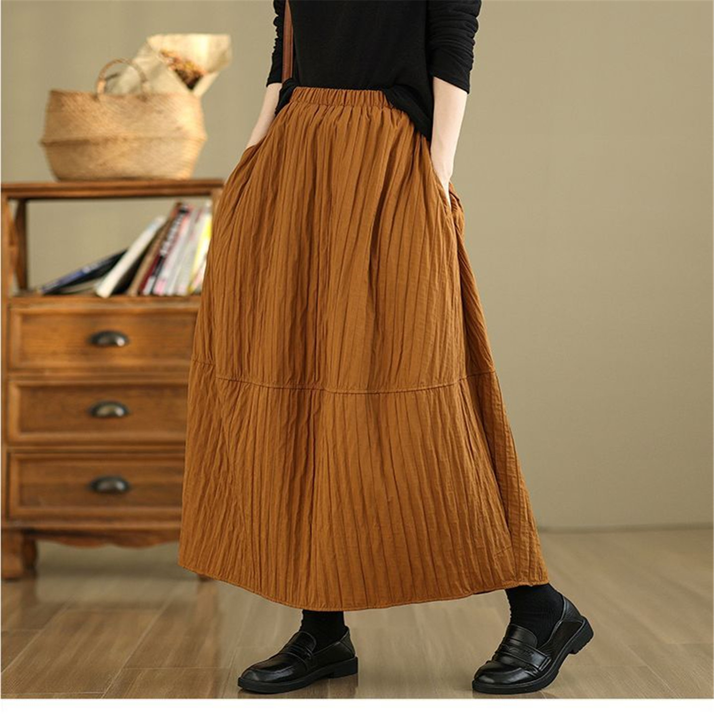 春秋松紧腰百搭女士中长款半身裙