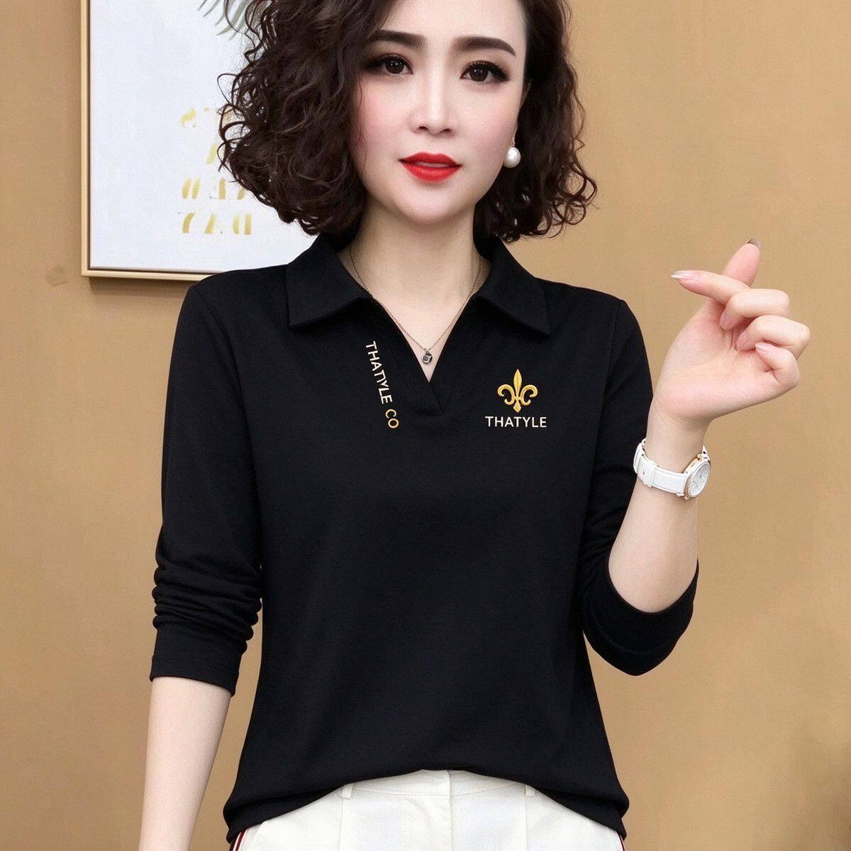 2026年秋季长袖T恤女新款中年妈妈装大码翻领POLO衫通勤字母上衣