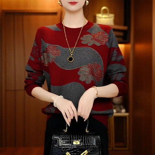 女士时尚长袖t恤妈妈装秋冬新款红色镶钻打底衫德绒保暖上衣洋气