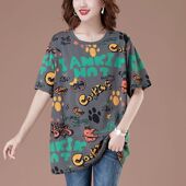 T恤女士2024年新款 洋气妈妈夏装 时尚 纯棉短袖 印花字母上衣中长款