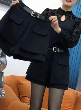 2024年秋冬季女装新款休闲假两件阔腿短裤高腰大码a字裤打底裤裙