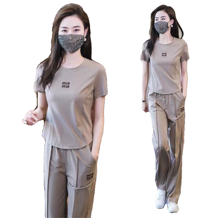 大码时尚冰丝套装女夏装2024年薄款宽松中年妈妈夏季运动装两件套