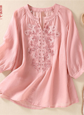 中年妈妈装春夏季薄款遮肚显瘦减龄百搭刺绣棉麻T恤衫七分袖上衣