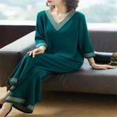 复古休闲时尚 新款 两件套 女夏装 法式 中老年妈妈洋气减龄阔腿裤 套装