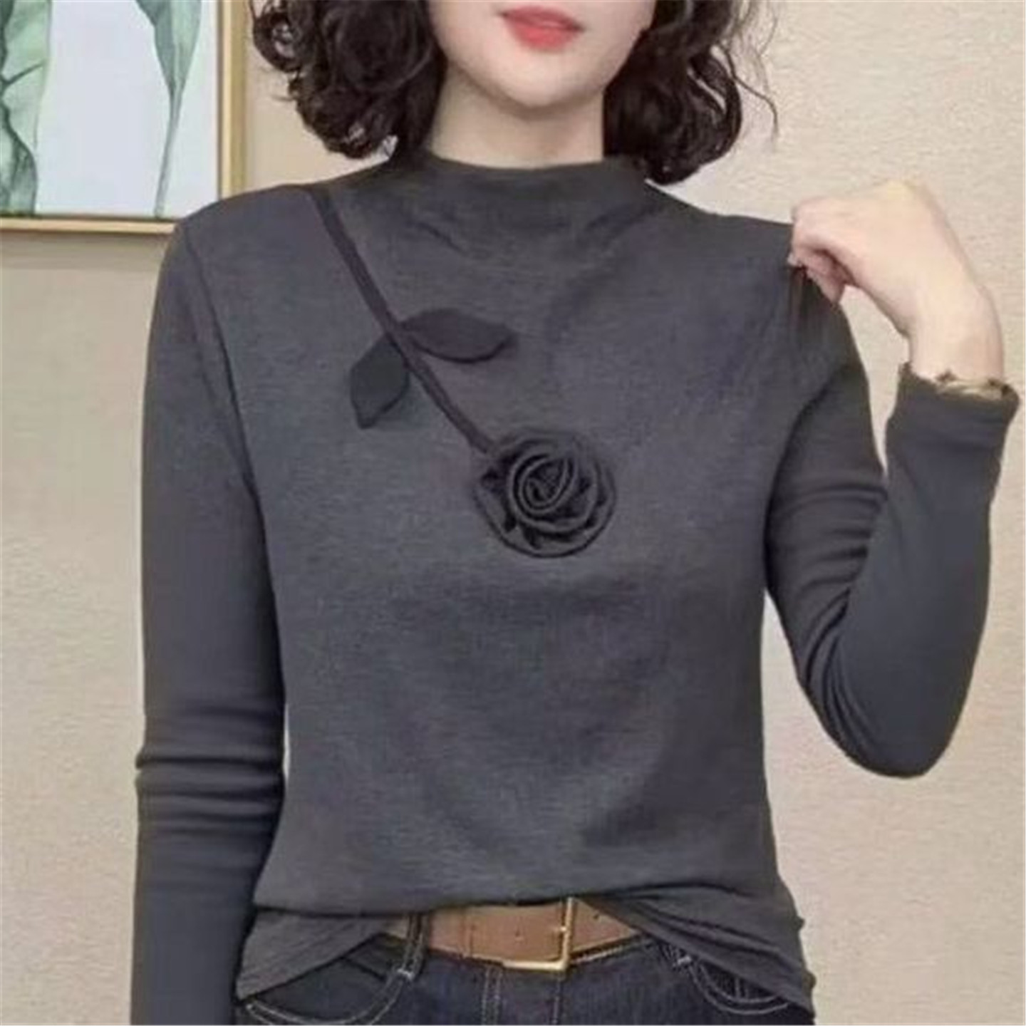 打底衫女士秋冬新款德绒立体花朵