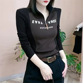 双面德绒保暖打底衫 女士妈妈秋冬半开领撞色拼接长袖 t恤洋气上衣