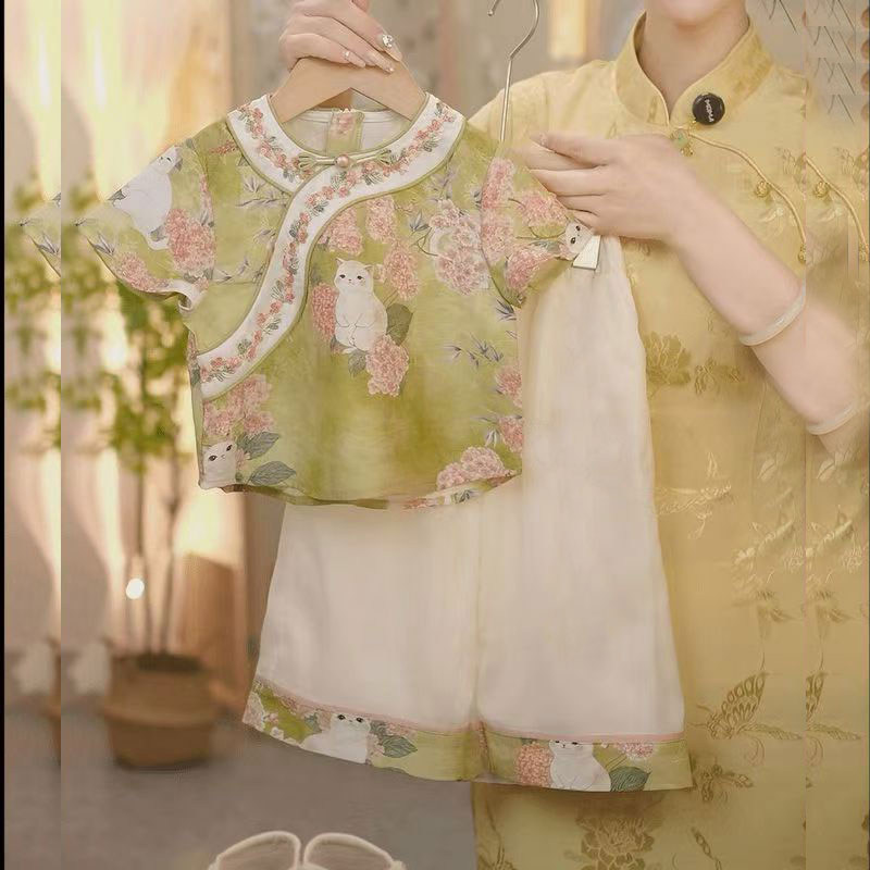 女童夏季2025新中式国风上衣九分裤子两件套装