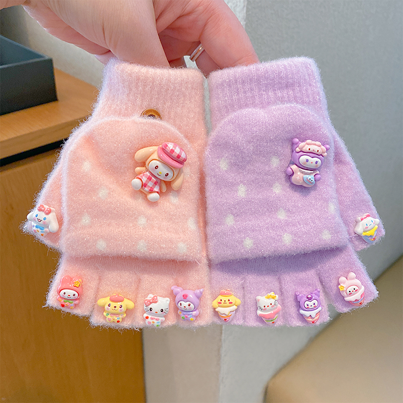 卡通美甲贴片可爱儿童冬季防寒保暖手套女童宝宝可爱露指翻盖学生