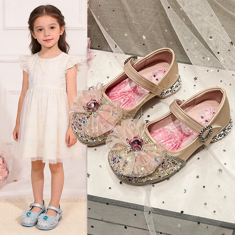 女童公主鞋春秋新款水晶鞋蝴蝶结水钻小皮鞋儿童方口鞋单鞋学生鞋
