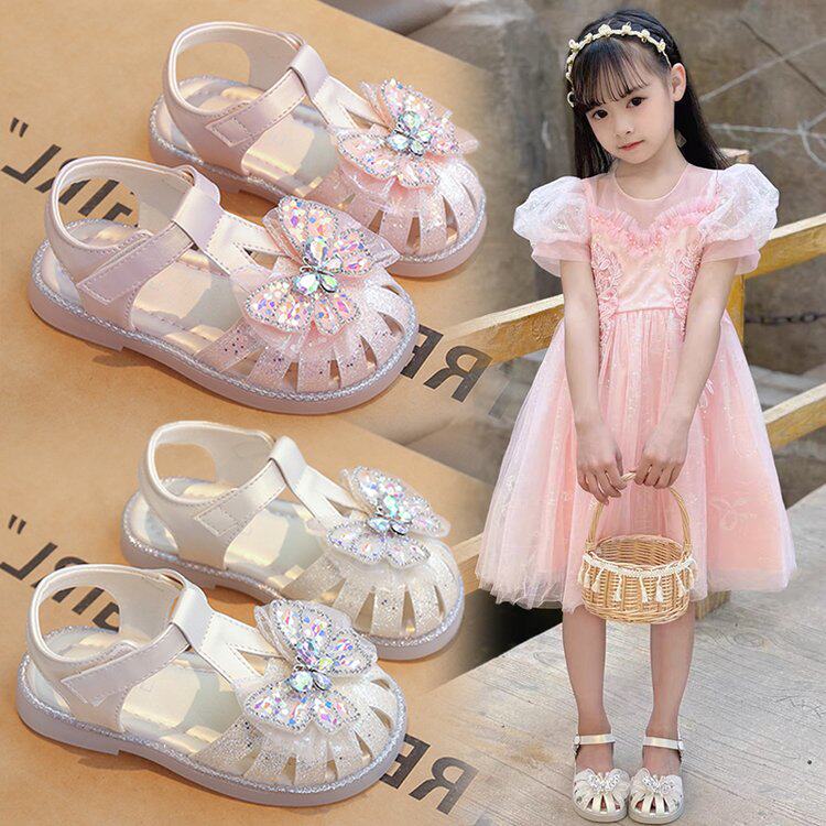公主风女童包头凉鞋夏季蝴蝶结水晶鞋软底魔术贴儿童公主宝宝童鞋