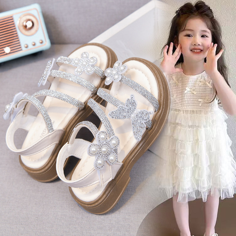 儿童公主风水钻花朵露趾凉鞋女童夏季美仙女风中大童学生新款童鞋
