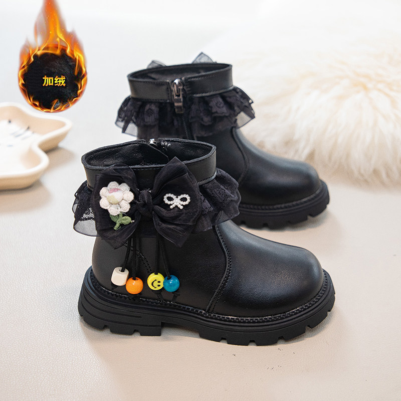女童马丁靴2025年冬季新款蝴蝶结中筒靴子厚棉公主鞋二棉皮靴童鞋