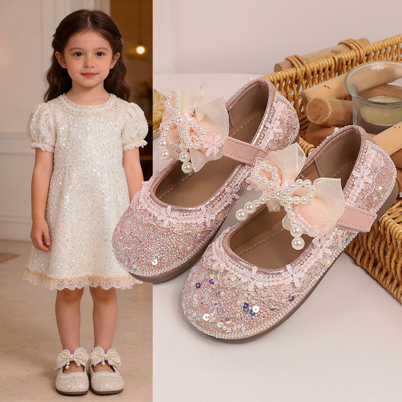 公主风女童亮片皮鞋韩版蝴蝶结水钻表演鞋软底舞蹈儿童宝宝鞋单鞋