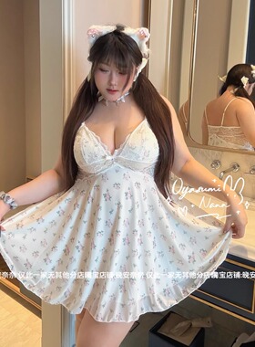 晚安奈奈 「南法假日」微胖大码纯欲碎花蕾丝带胸垫吊带睡裙高级