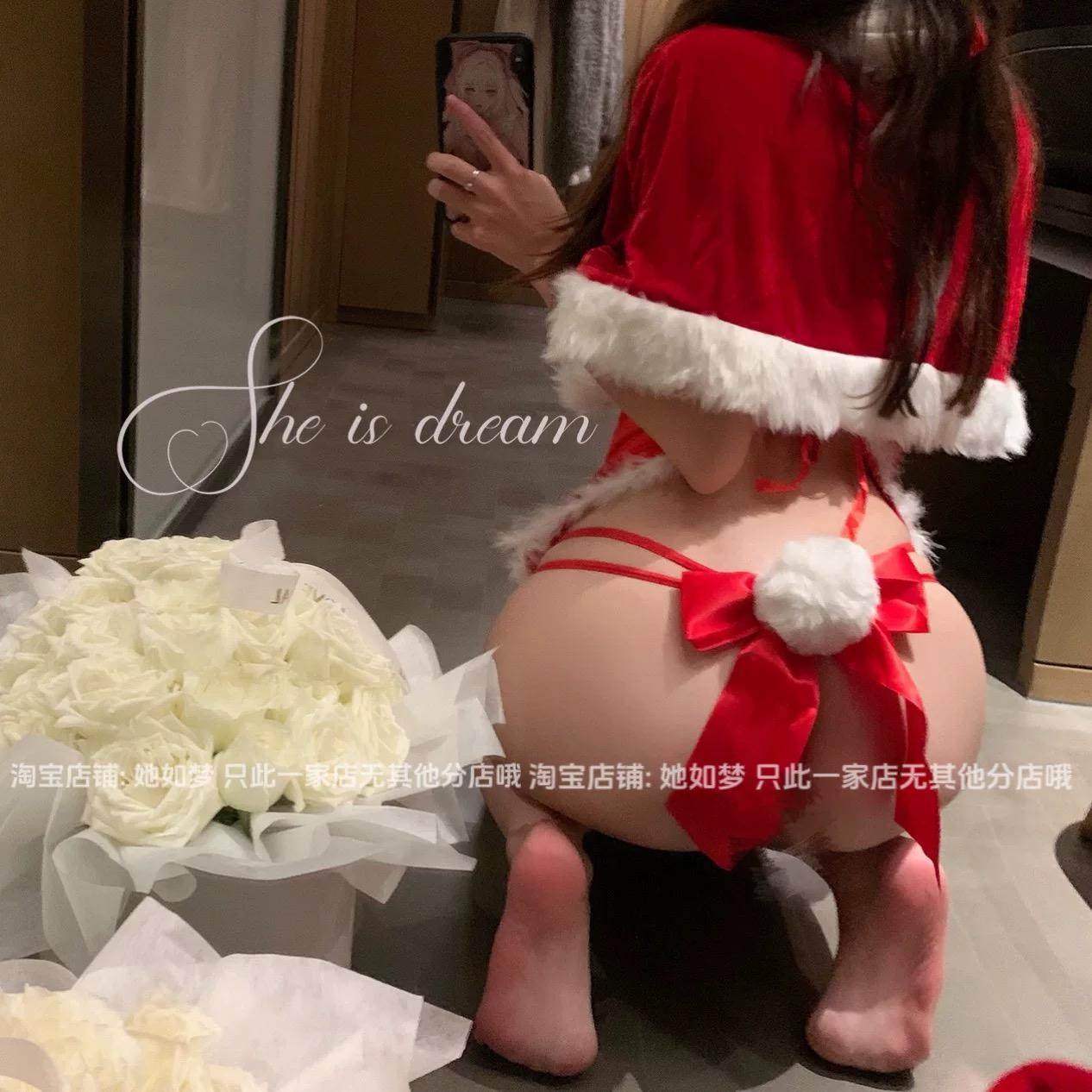 晚安奈奈「圣诞兔球」兔女郎性感镂空毛球蝴蝶结三角内裤女