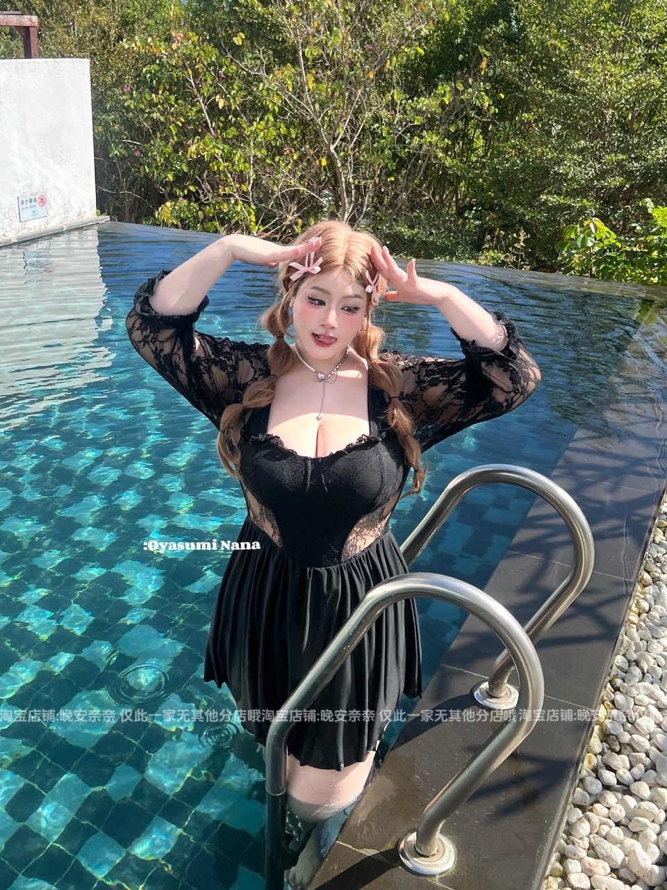晚安奈奈 小心机蕾丝~大码纯欲防晒温柔显瘦保守孕妇连身温泉泳衣