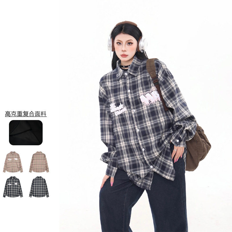Kenvibe美式复古设计潮牌字母印花格子衬衫外套男女情侣宽松长袖
