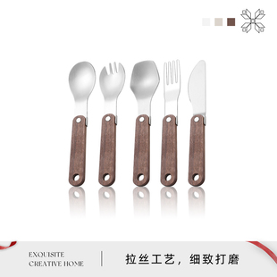 Auramoon·When·折叠勺叉便携式 当想 餐具胡桃木柄勺叉不锈钢勺
