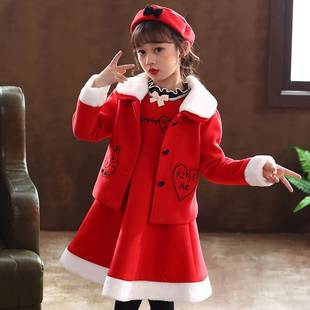 韩版 女童毛呢套装 新款 时髦洋气儿童三件套裙冬装 连衣裙秋冬2022款